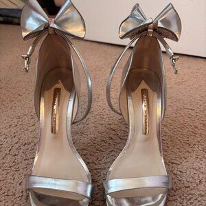 Sophia Webster Metallic Silver Leather Maya Crystal Embellished Bow Heels